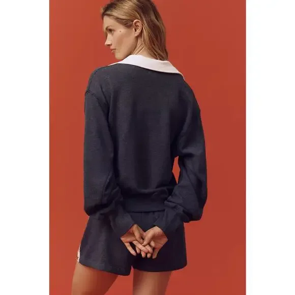 Sundry Vintage Terry Popover Polo Sweatshirt Blue Stars Size Medium - Picture 2 of 10